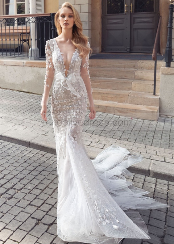 Long Sleeve Ivory Lace Shimmering Tulle Wedding Dress Long Sleeve Ivory Lace Shimmering Tulle Wedding Dress